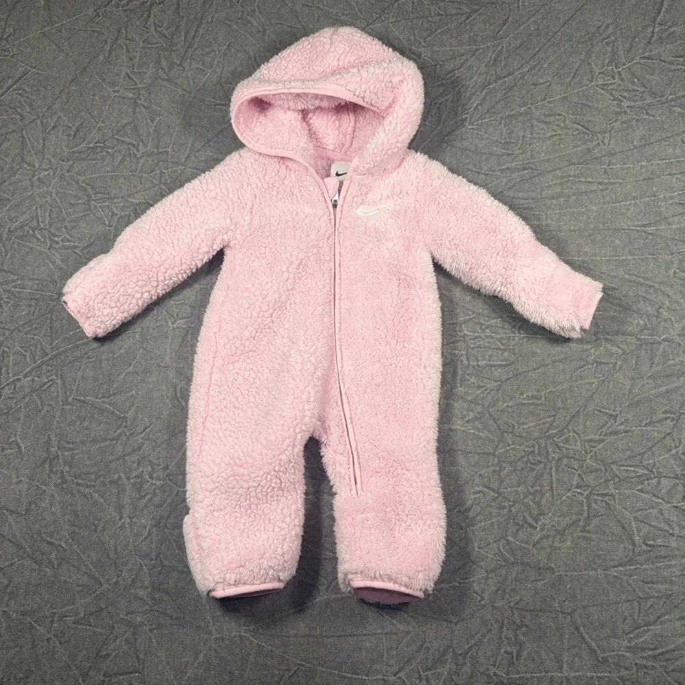 Nike Coverall Baby 3M Pink Sherpa Fleece Hooded Pram Suit Full Zip Embroidered